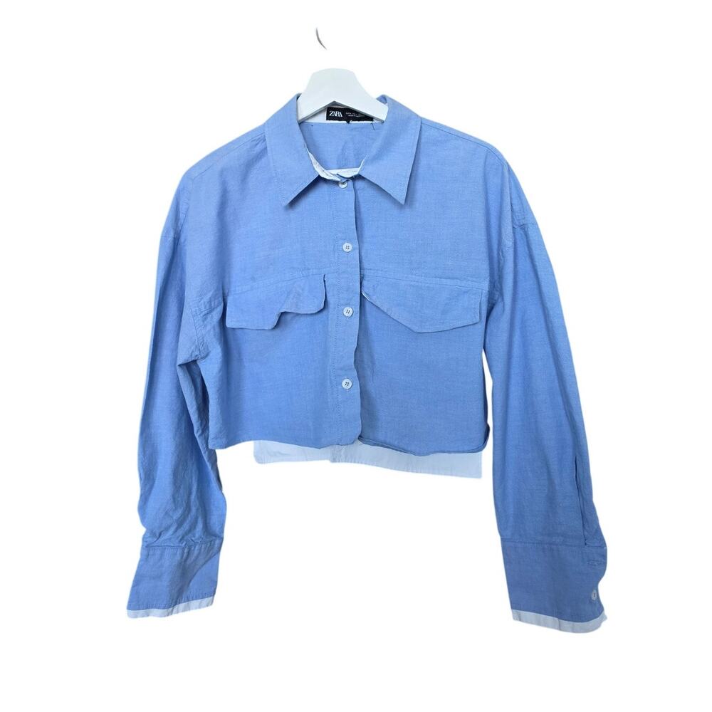 Zara Blue Button Front Long Sleeve Crop Top Size L